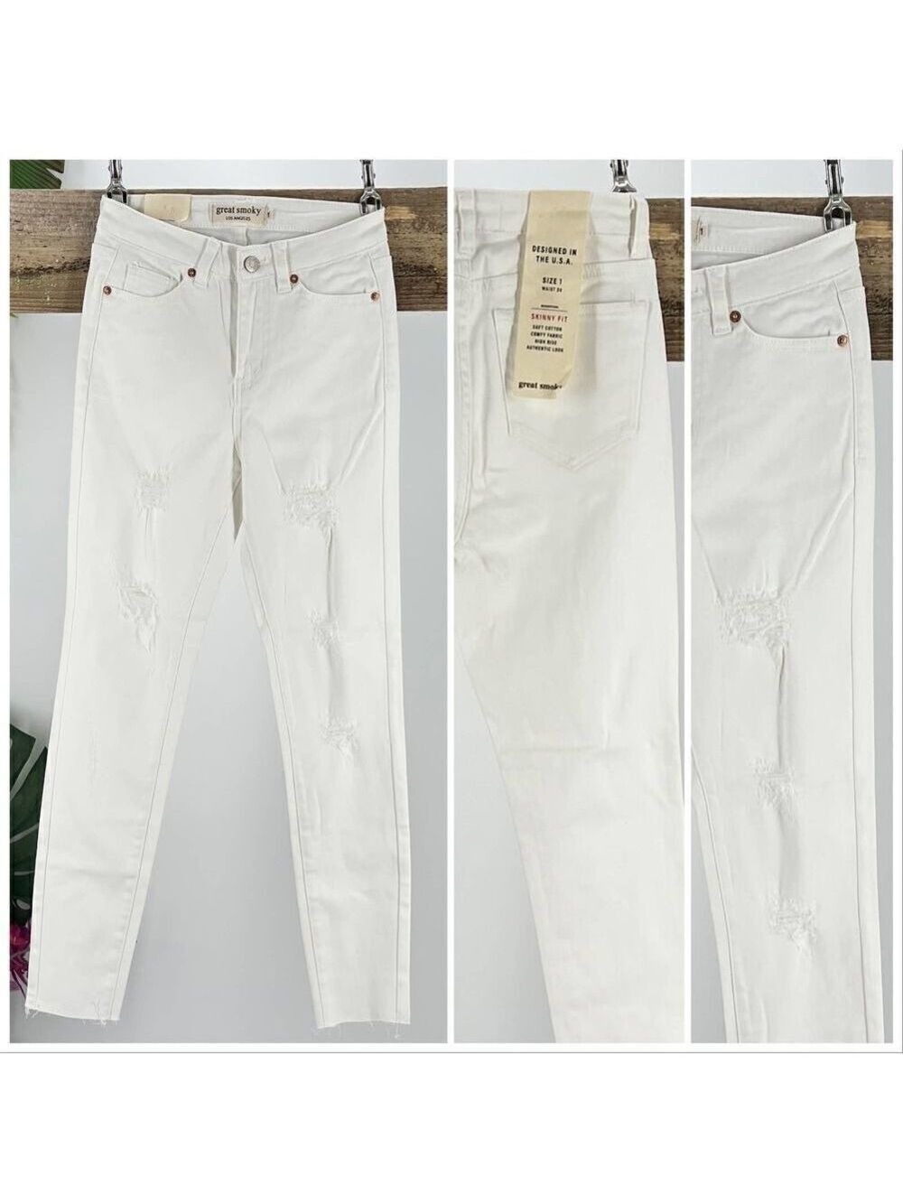 Great Smoky White Denim Junior Size 1 Skinny Distressed High Waist